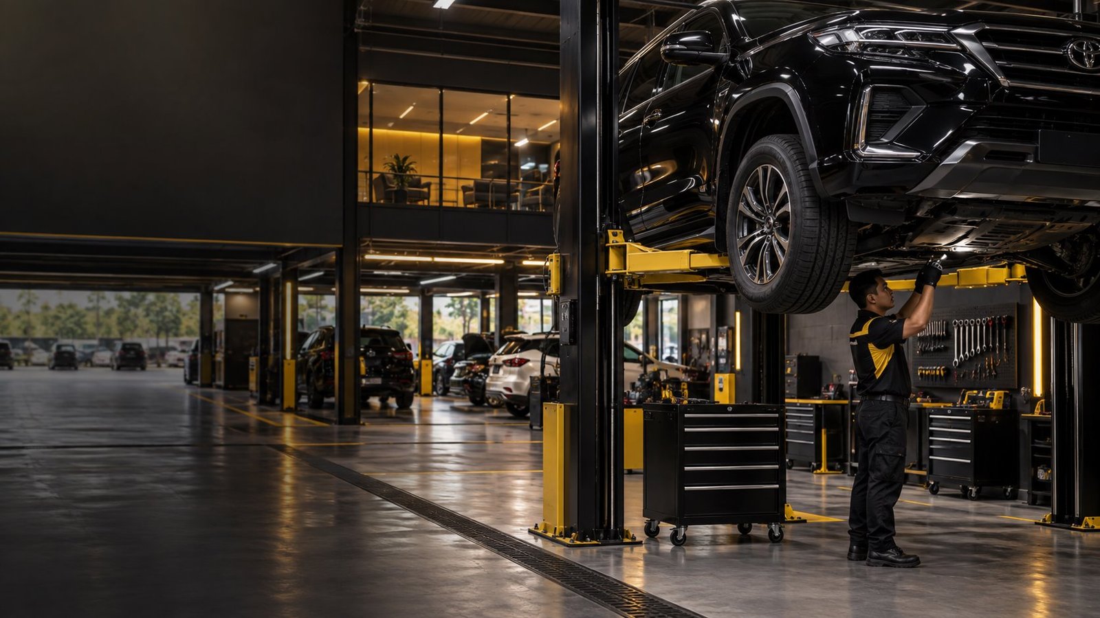 Bengkel mobil SJM Autocare di Tangerang dengan hydraulic lift dan peralatan modern